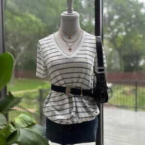 Bobeau White & Navy Striped V-Neck Blouse Top